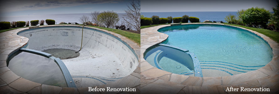 An empty pool with worn, stained plaster beside the same pool refinished and filled