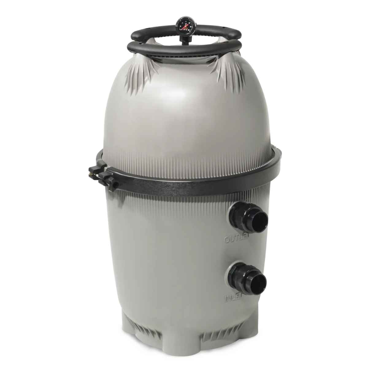 Gray Jandy CL Series cartridge filter tank with a black clamp band around its middle, a pressure gauge on the lid and moulded inlet and outlet ports on the side