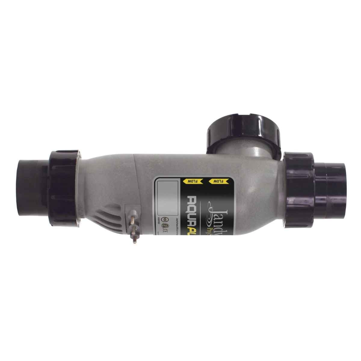 Gray Jandy AquaPure salt cell built to plumb inline, with black union collars at each end, yellow flow arrows on the label and a capped branch on top