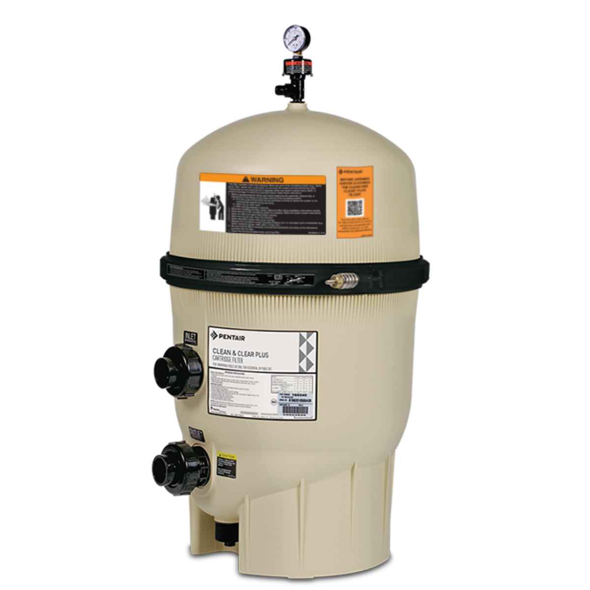Tall almond Pentair Clean & Clear Plus cartridge filter with a pressure gauge and air relief valve on the lid, a black clamp band around the tank and black inlet and outlet unions