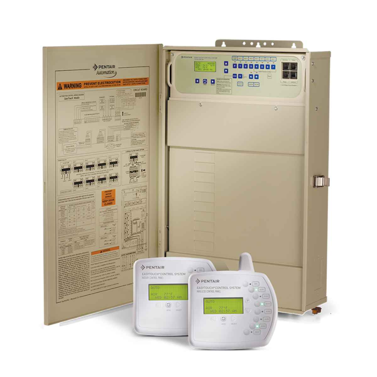 Beige Pentair EasyTouch load center standing open on its wiring diagram and control board, with two white EasyTouch control panels in front showing air temperature and time