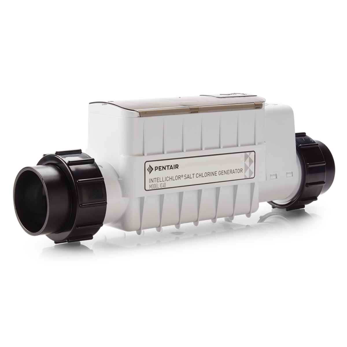 White Pentair IntelliChlor IC40 salt chlorine generator cell with black union collars at both ends and a tinted display cover along the top