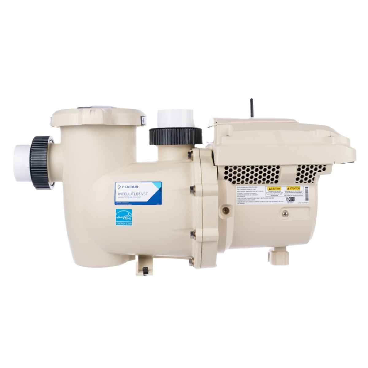 Beige Pentair IntelliFlo3 VSF pool pump seen from the side, with an Energy Star badge on the strainer pot and the variable-speed drive sitting above the motor