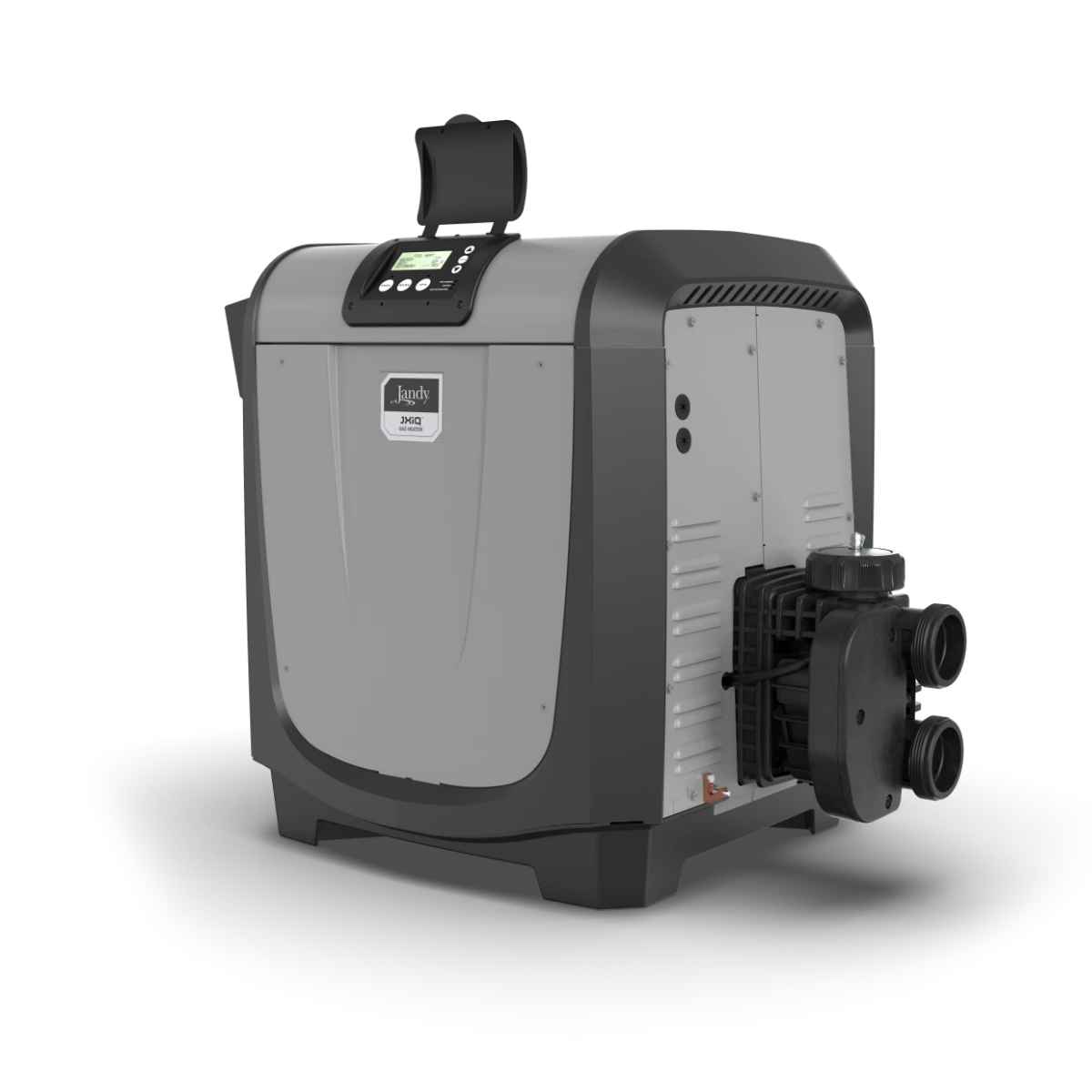 Gray Jandy JXiQ gas pool heater with the lid raised over its LCD control panel, and black water headers with two threaded connections on the side