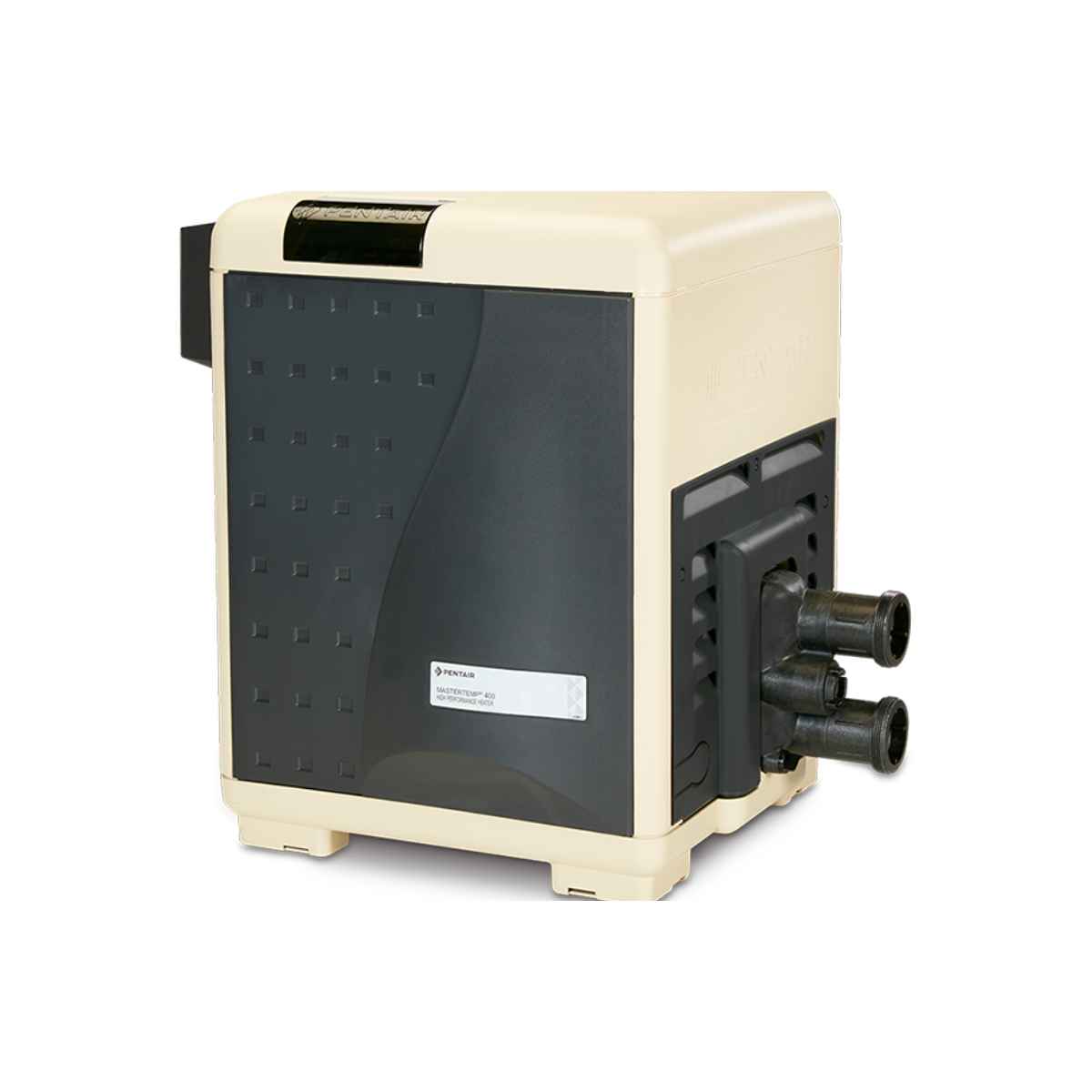 Almond and dark gray Pentair MasterTemp gas heater with its rating label on the front panel and a black water manifold with two threaded connections at the side