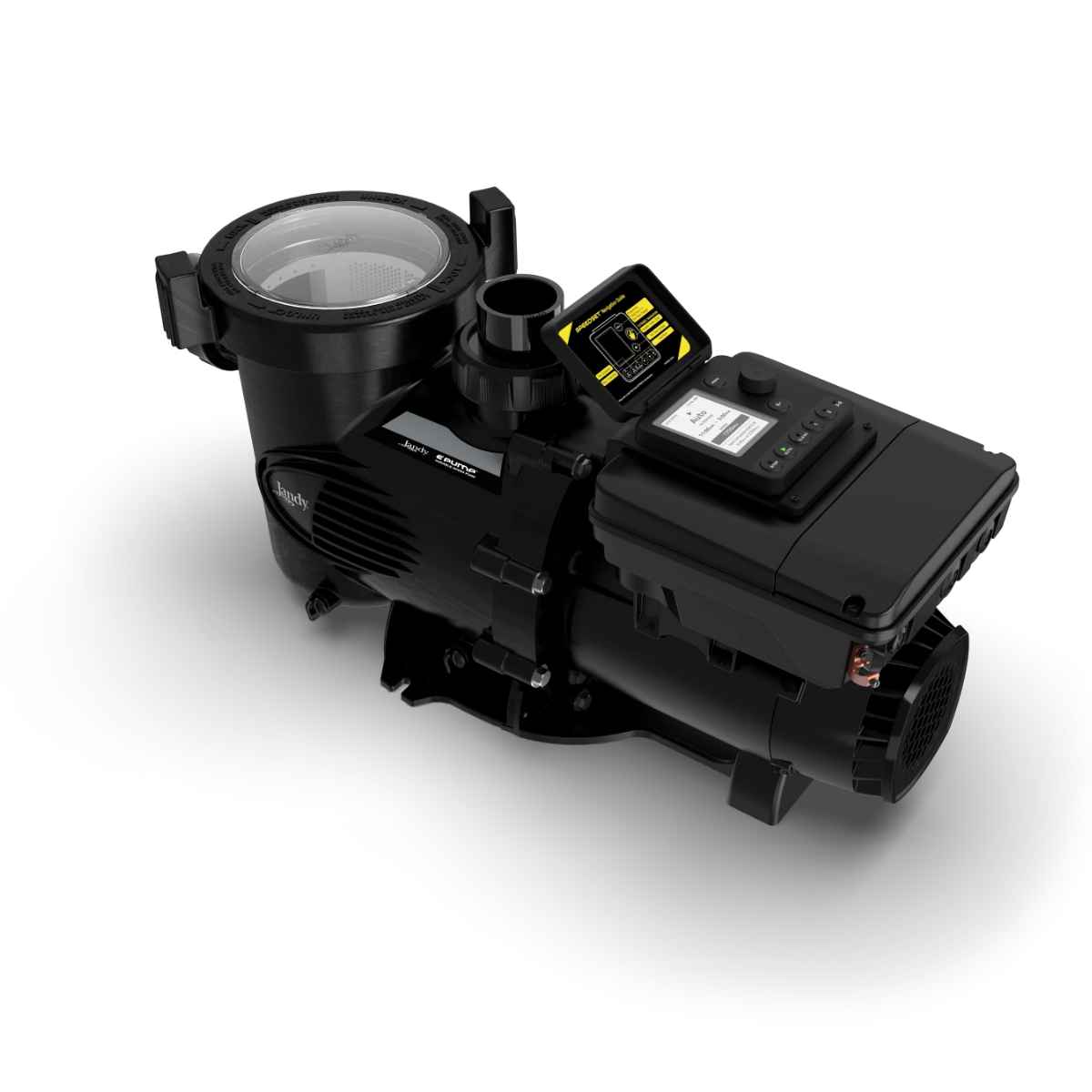 Black Jandy ePump variable-speed pool pump with a clear strainer basket lid and a keypad and display built into the drive housing