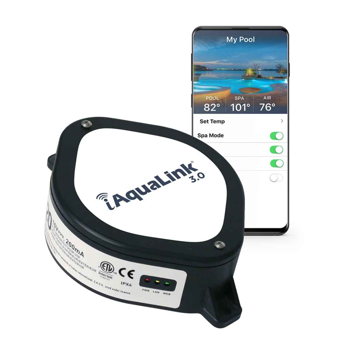 Black Jandy iAquaLink 3.0 control device with power, network and web indicator lights, beside a phone showing the app with pool, spa and air temperatures and a spa mode switch