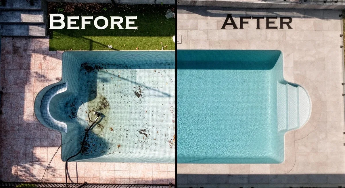 The same pool area before and after the renovation, side by side, each half labelled in the picture