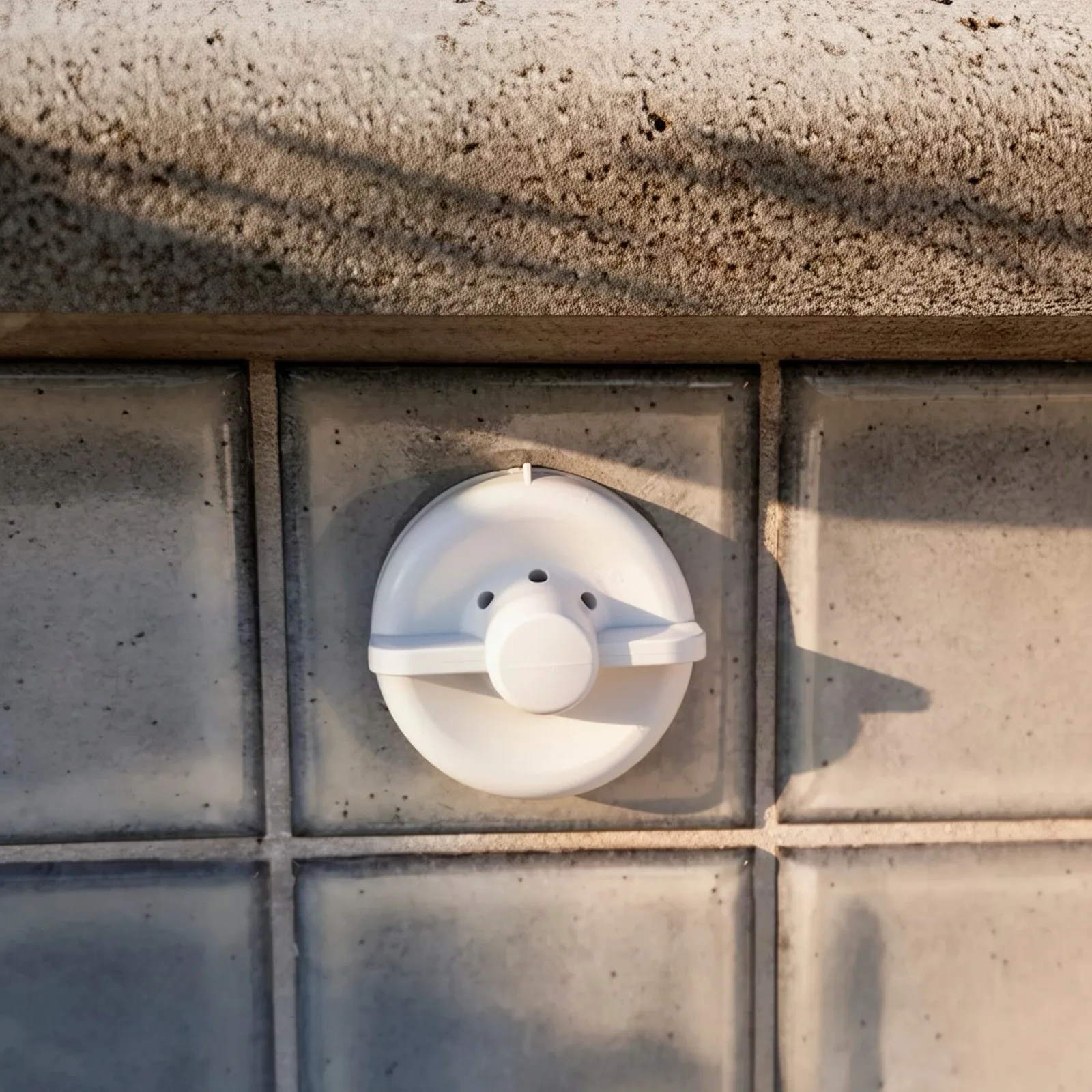 A white round sprinkler fitting set flush into grey tile