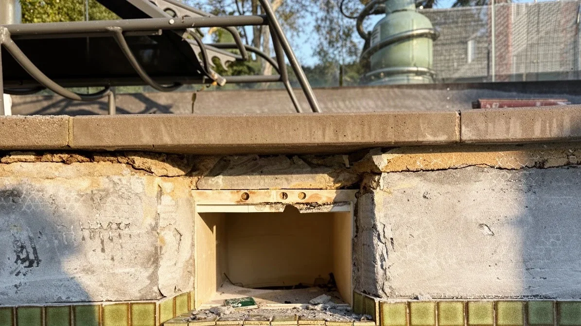 The concrete around a skimmer box broken open under the coping