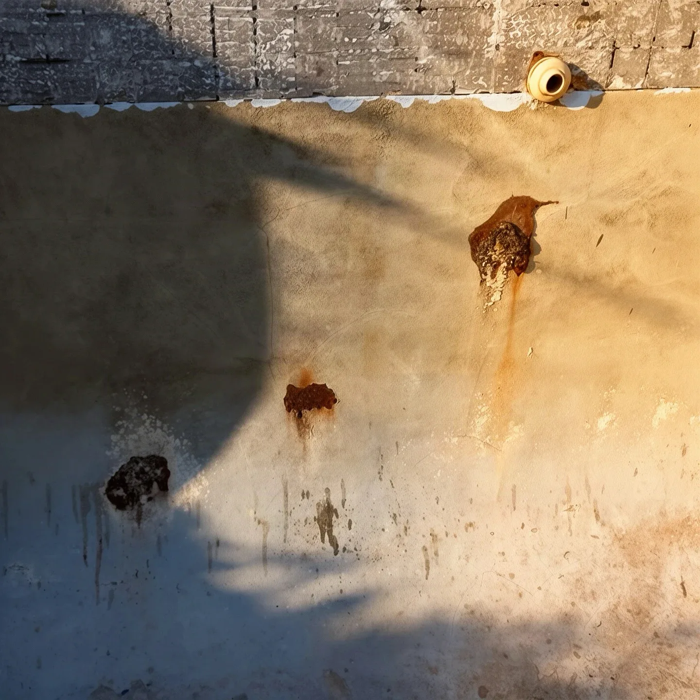 Rust spots bleeding down the wall of a drained concrete pool