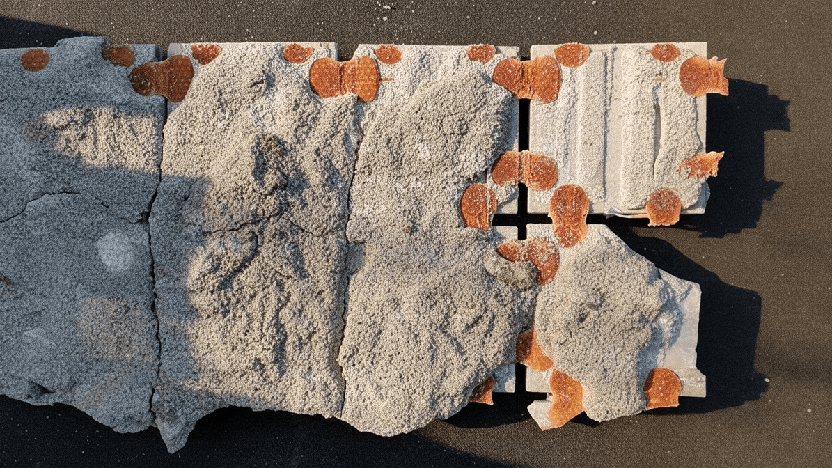 Broken pool tiles and render showing the backing mesh