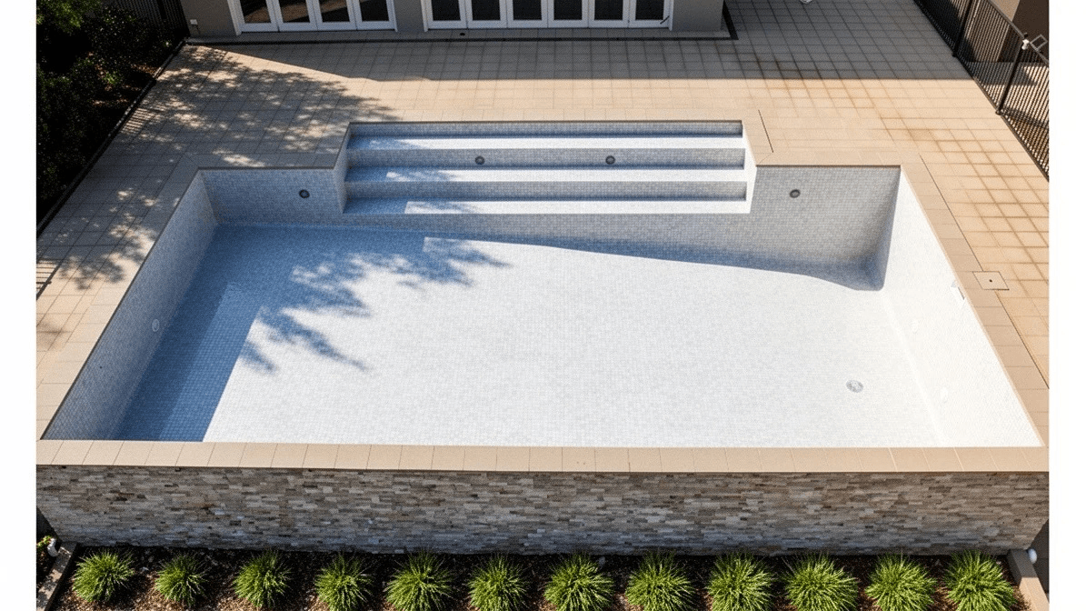 The same pool empty, tiled in white Carrara, seen from above