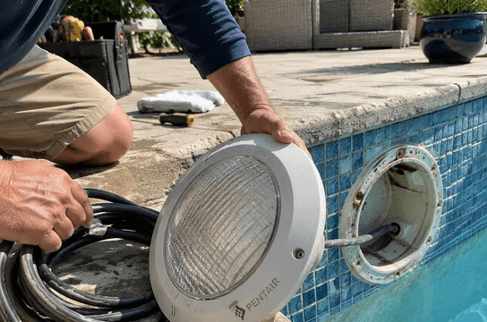 A pool light pulled from its niche