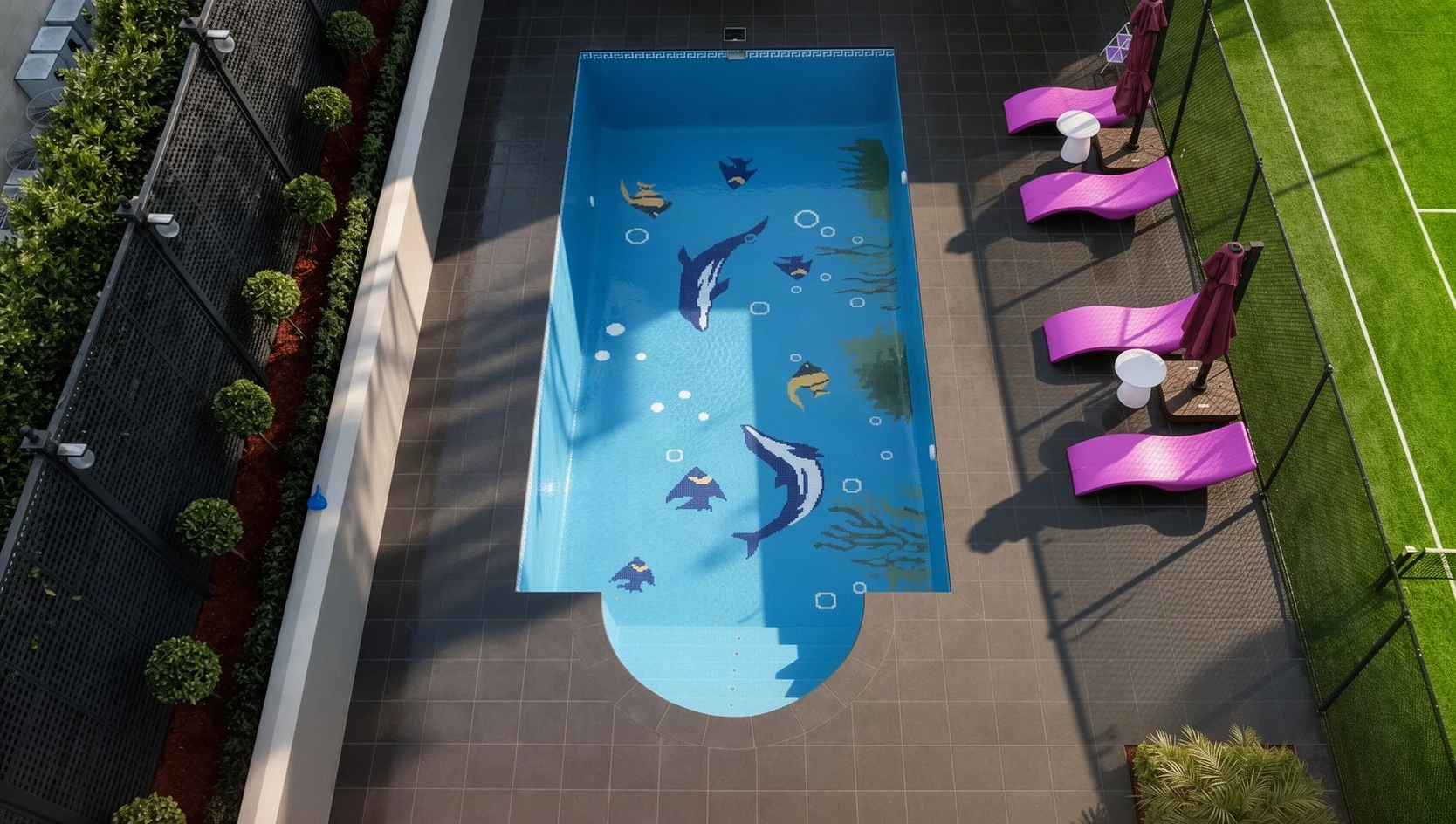 A large finished pool in an Arcadia back yard