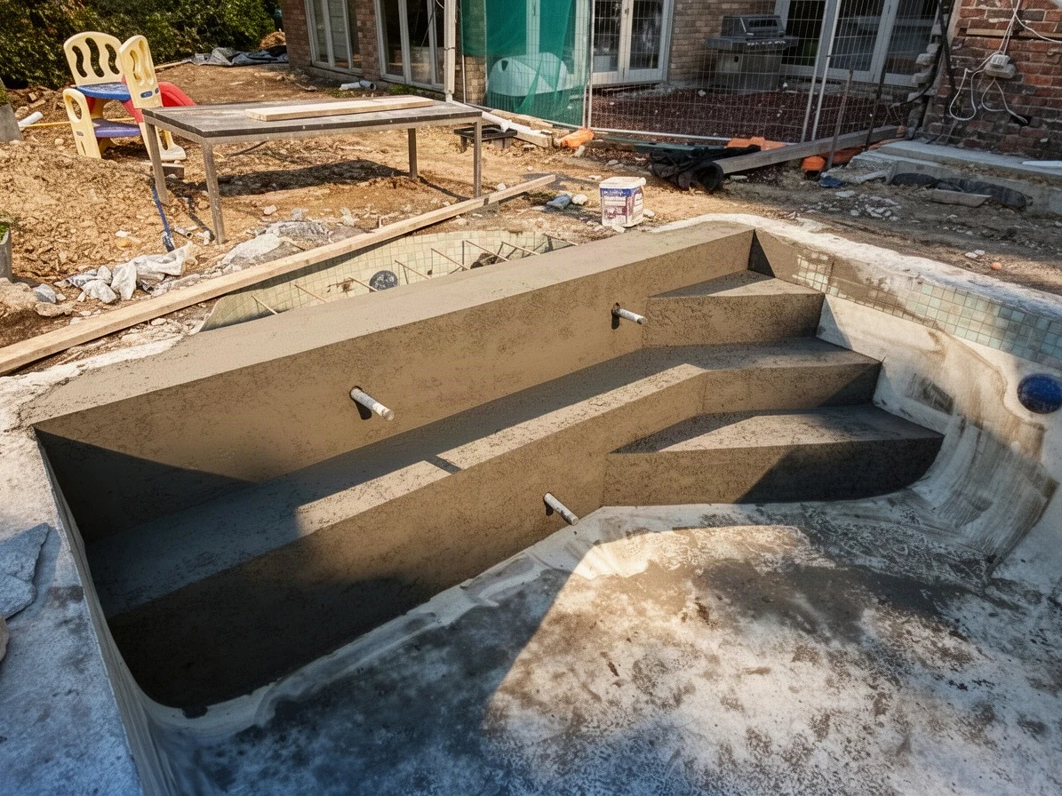 The rebuilt wall and steps, finished in concrete