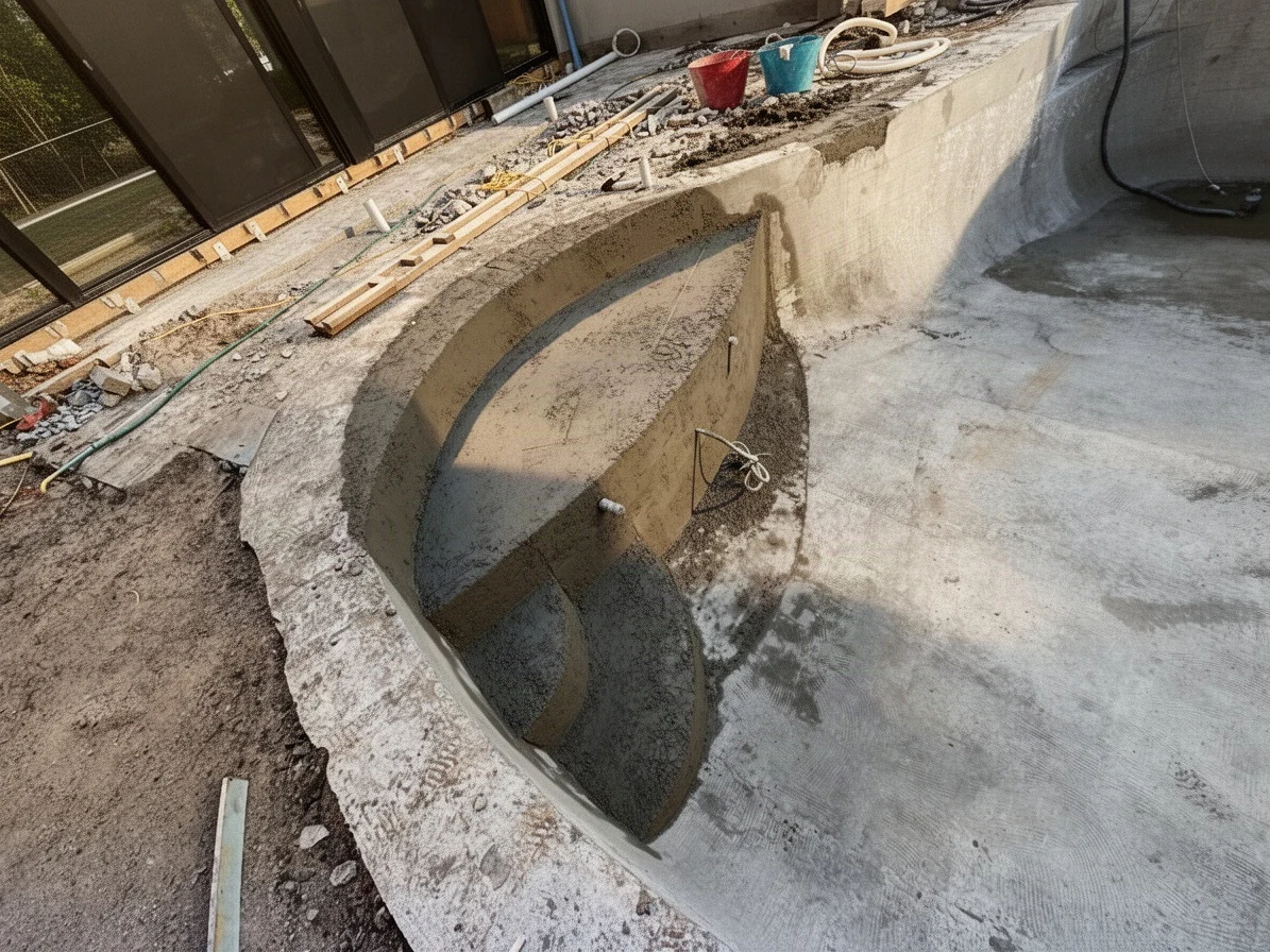 A concrete beach area and new steps in a swimming pool