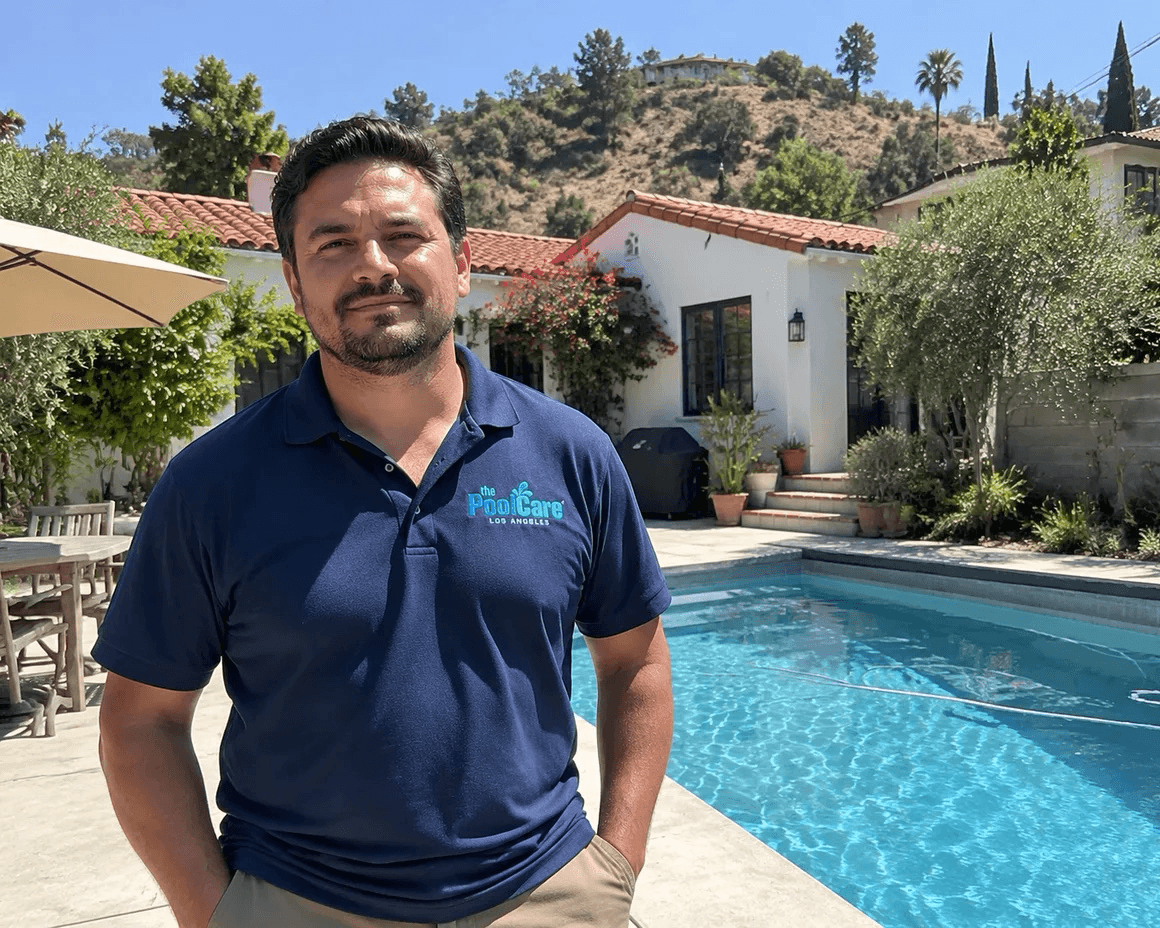 The owner of Pool Care LA beside a Eagle Rock backyard pool