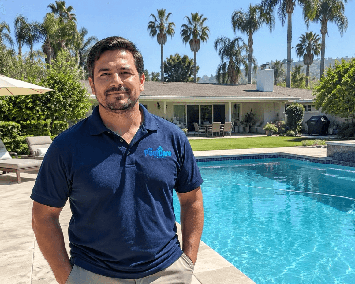 The owner of Pool Care LA beside a Encino backyard pool