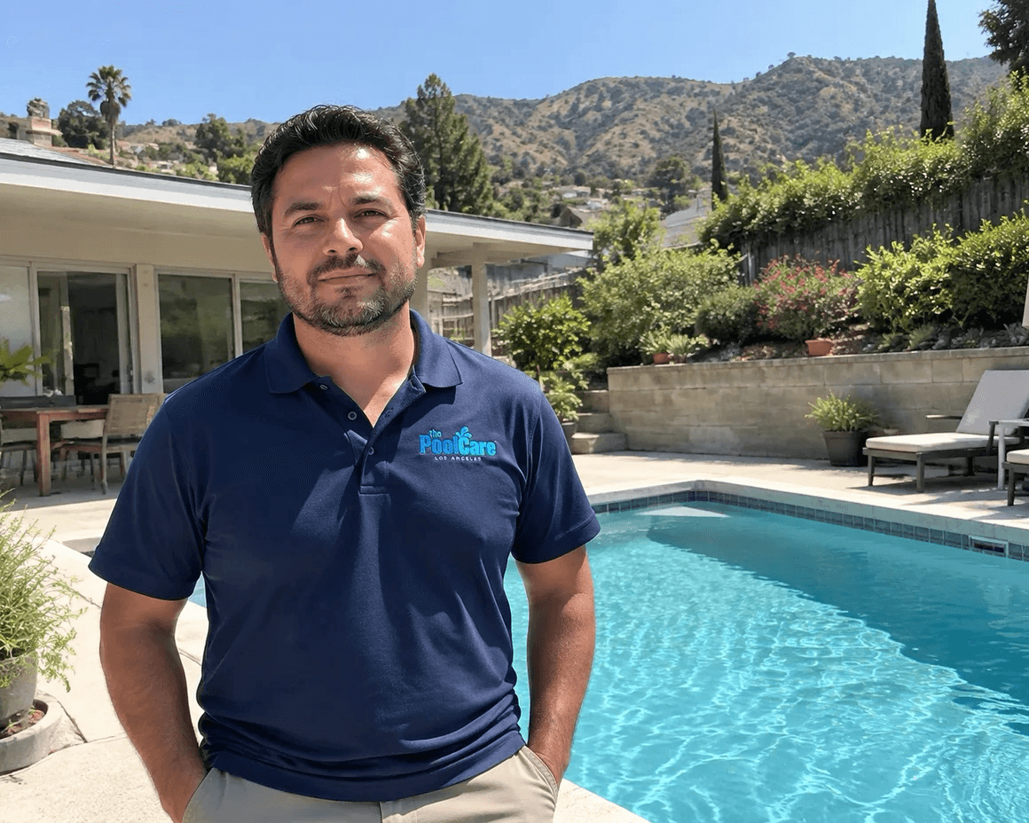 The owner of Pool Care LA beside a Glendale backyard pool