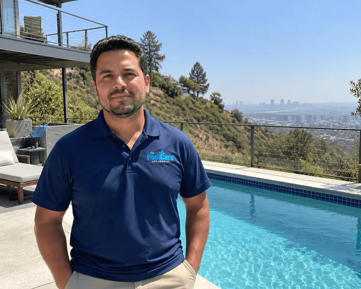 The owner of Pool Care LA beside a Hollywood Hills backyard pool