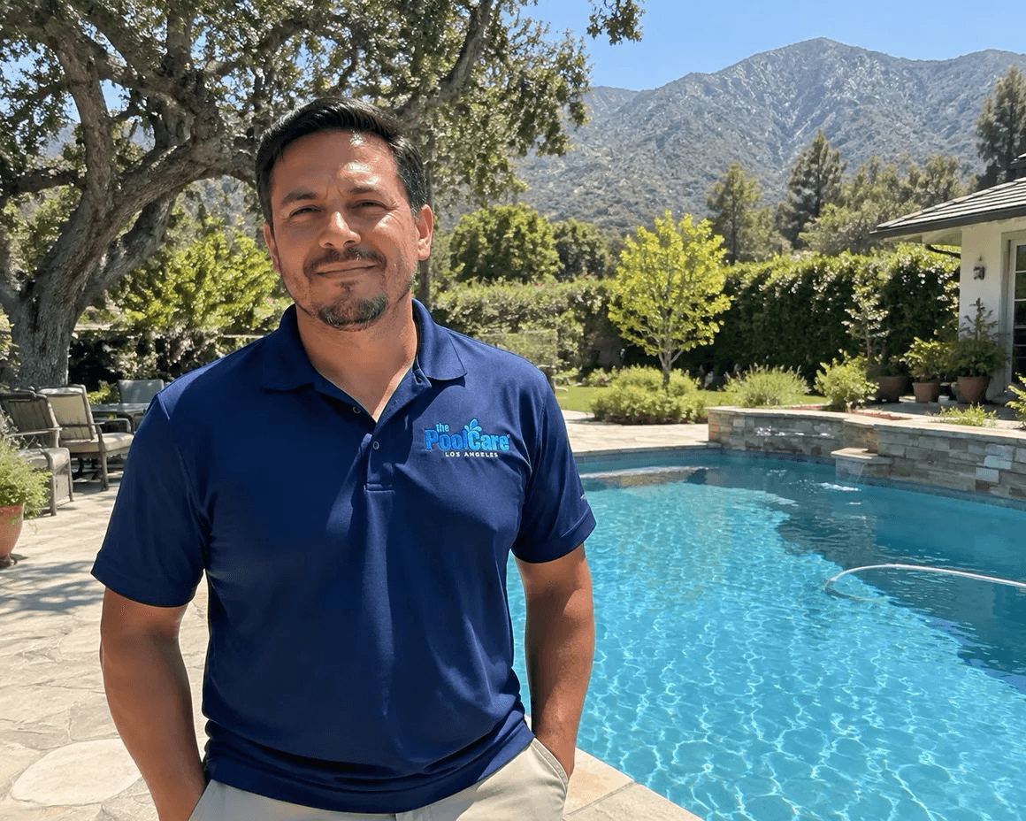 The owner of Pool Care LA beside a La Canada Flintridge backyard pool