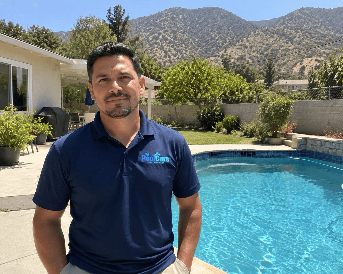 The owner of Pool Care LA beside a La Crescenta backyard pool