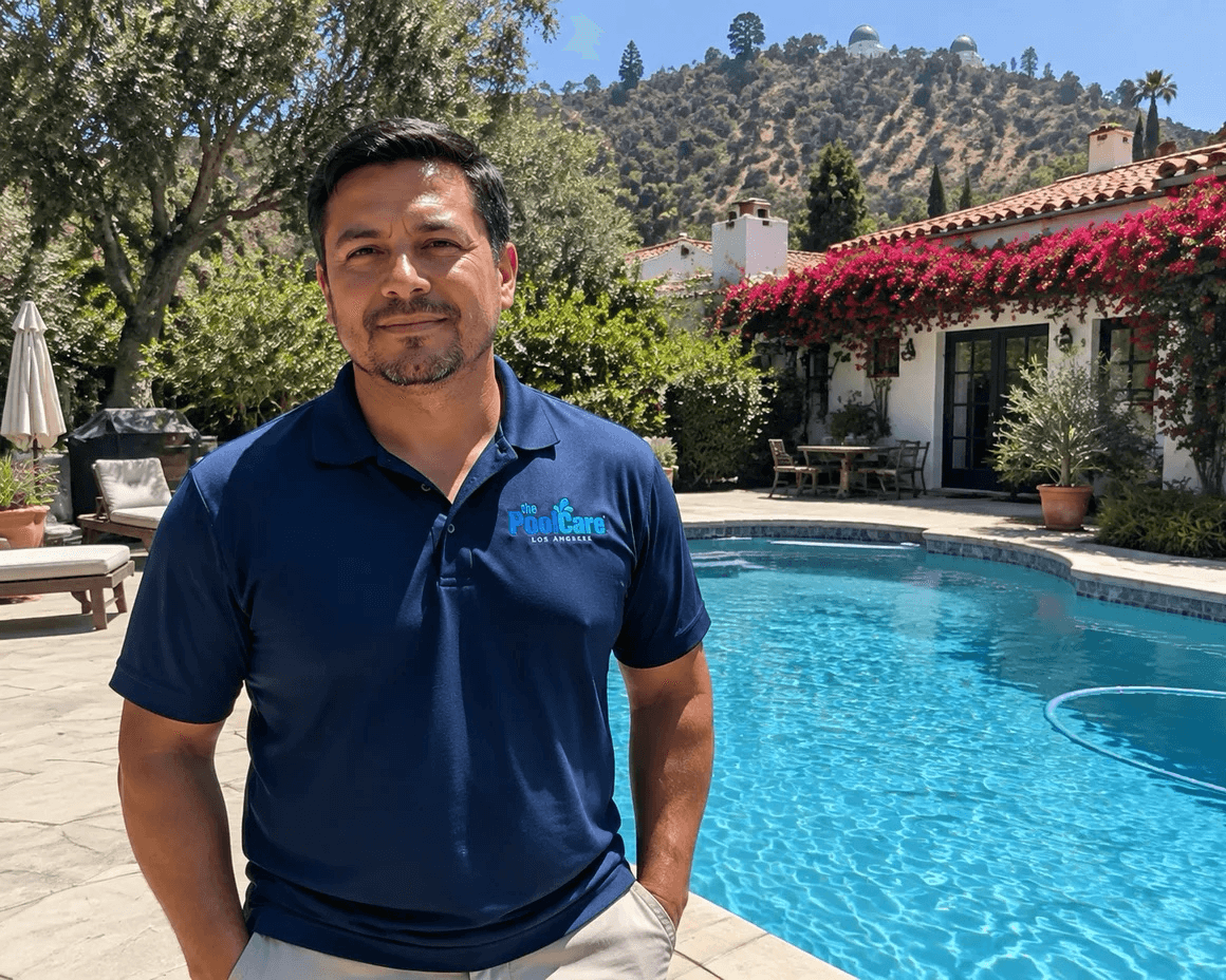 The owner of Pool Care LA beside a Los Feliz backyard pool