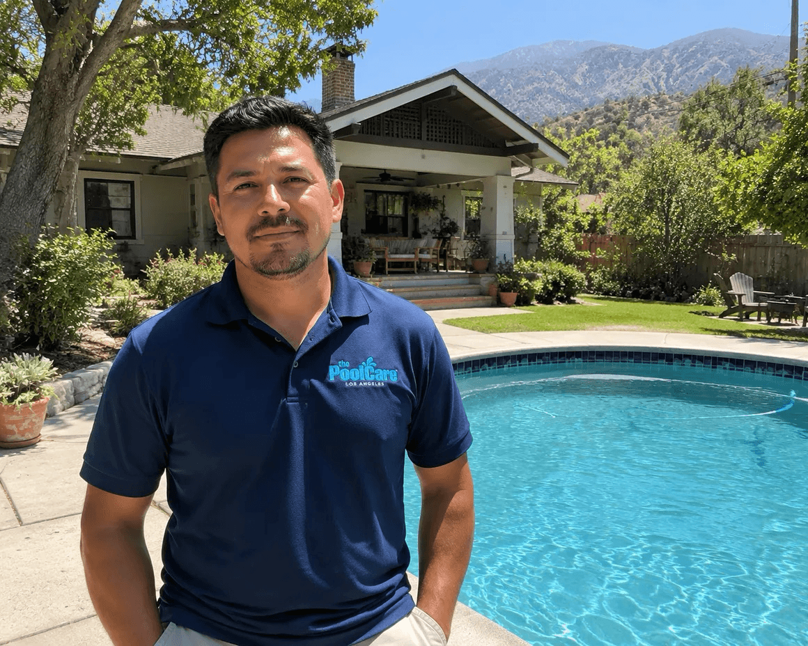 The owner of Pool Care LA beside a Monrovia backyard pool