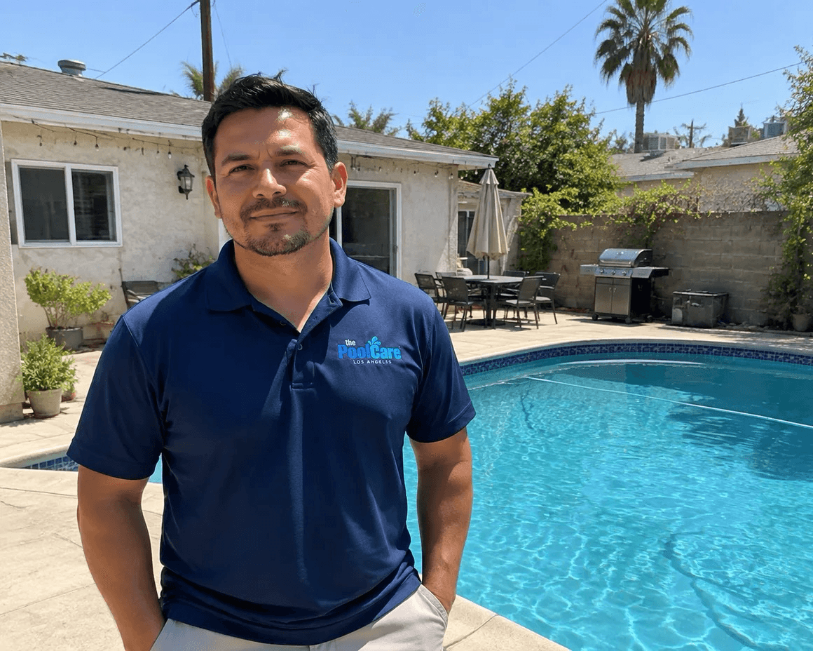 The owner of Pool Care LA beside a North Hollywood backyard pool