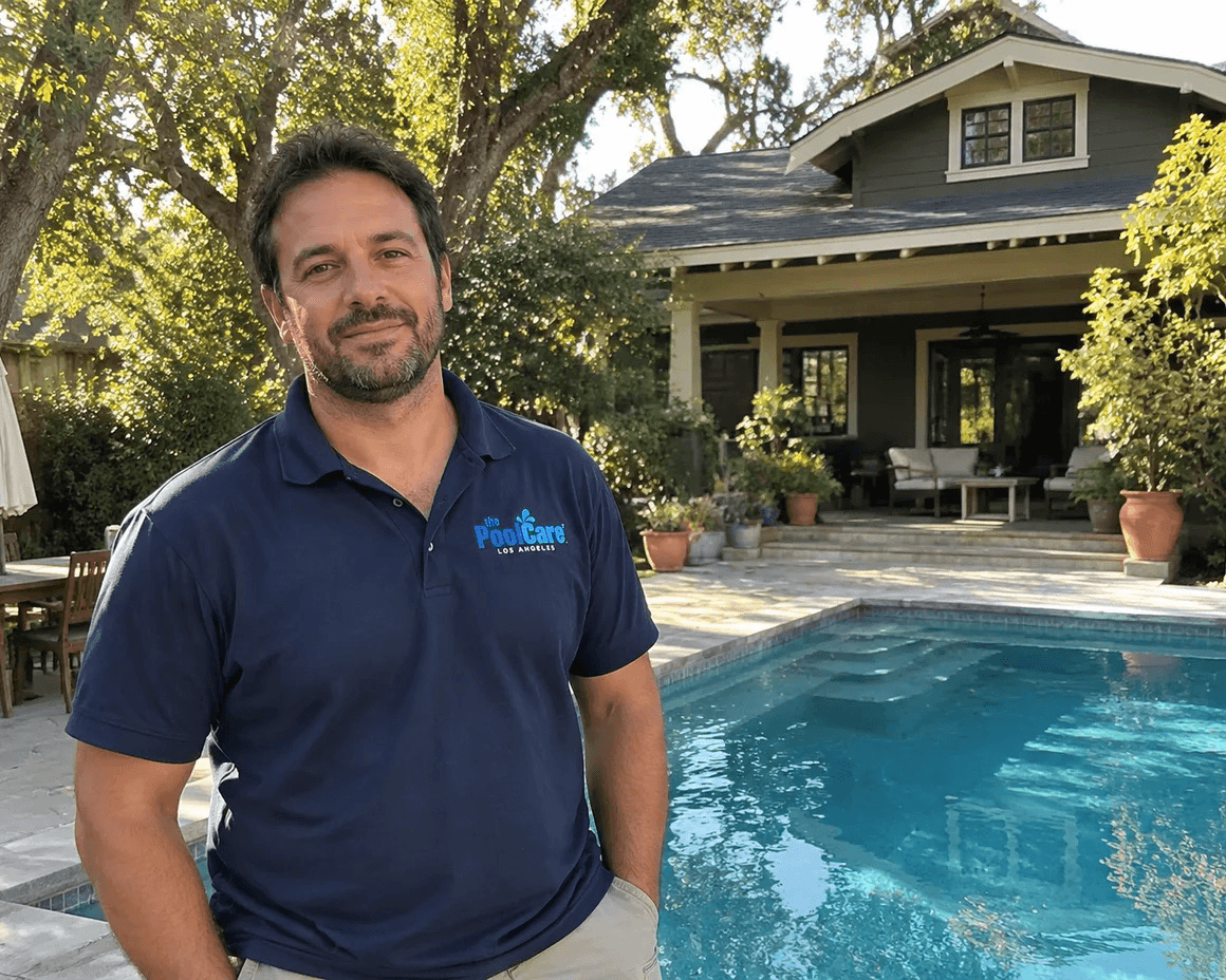 The owner of Pool Care LA beside a Pasadena backyard pool