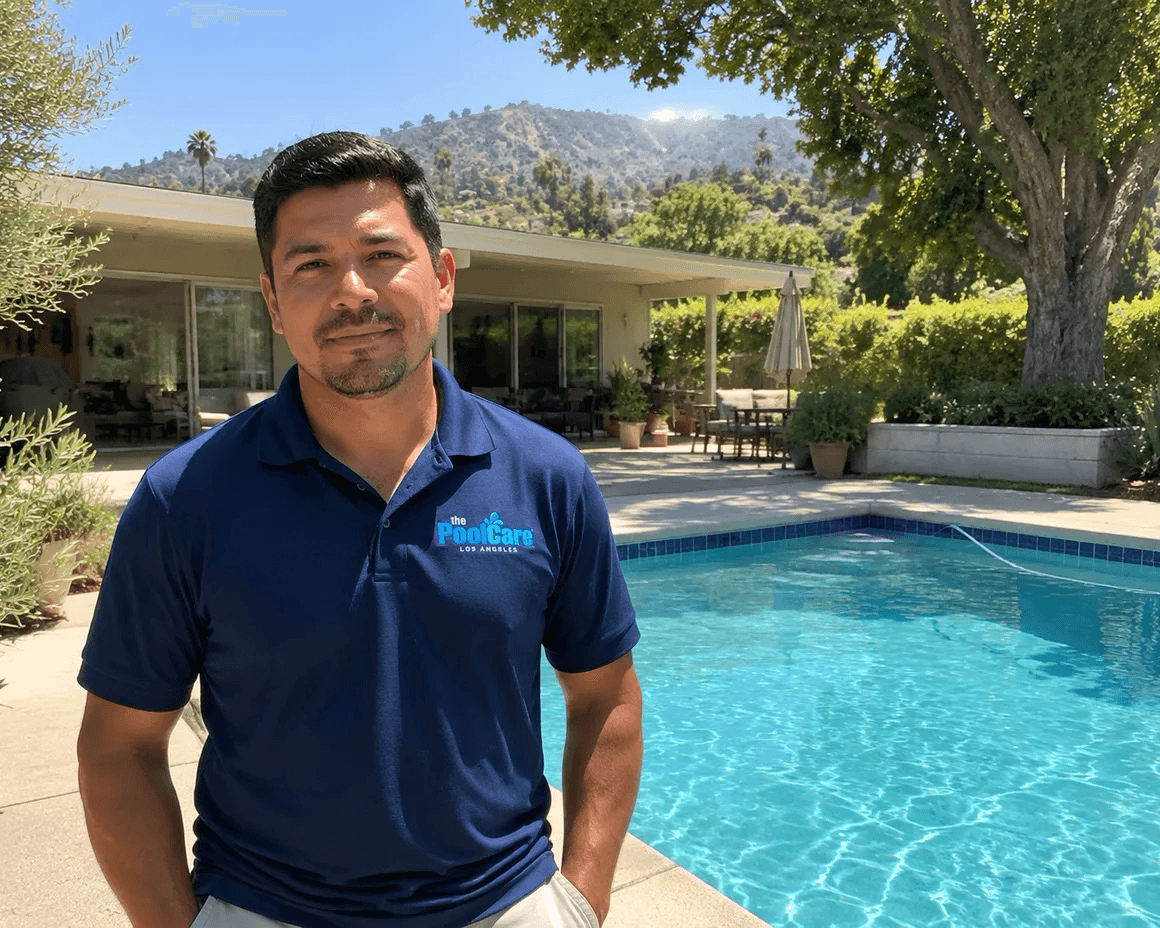 The owner of Pool Care LA beside a Sherman Oaks backyard pool