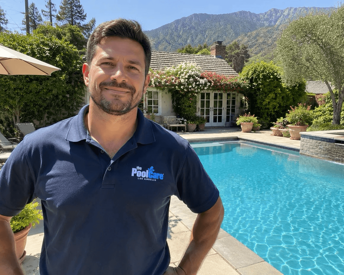 The owner of Pool Care LA beside a Sierra Madre backyard pool