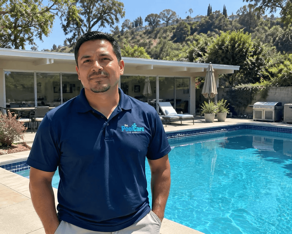 The owner of Pool Care LA beside a Studio City backyard pool
