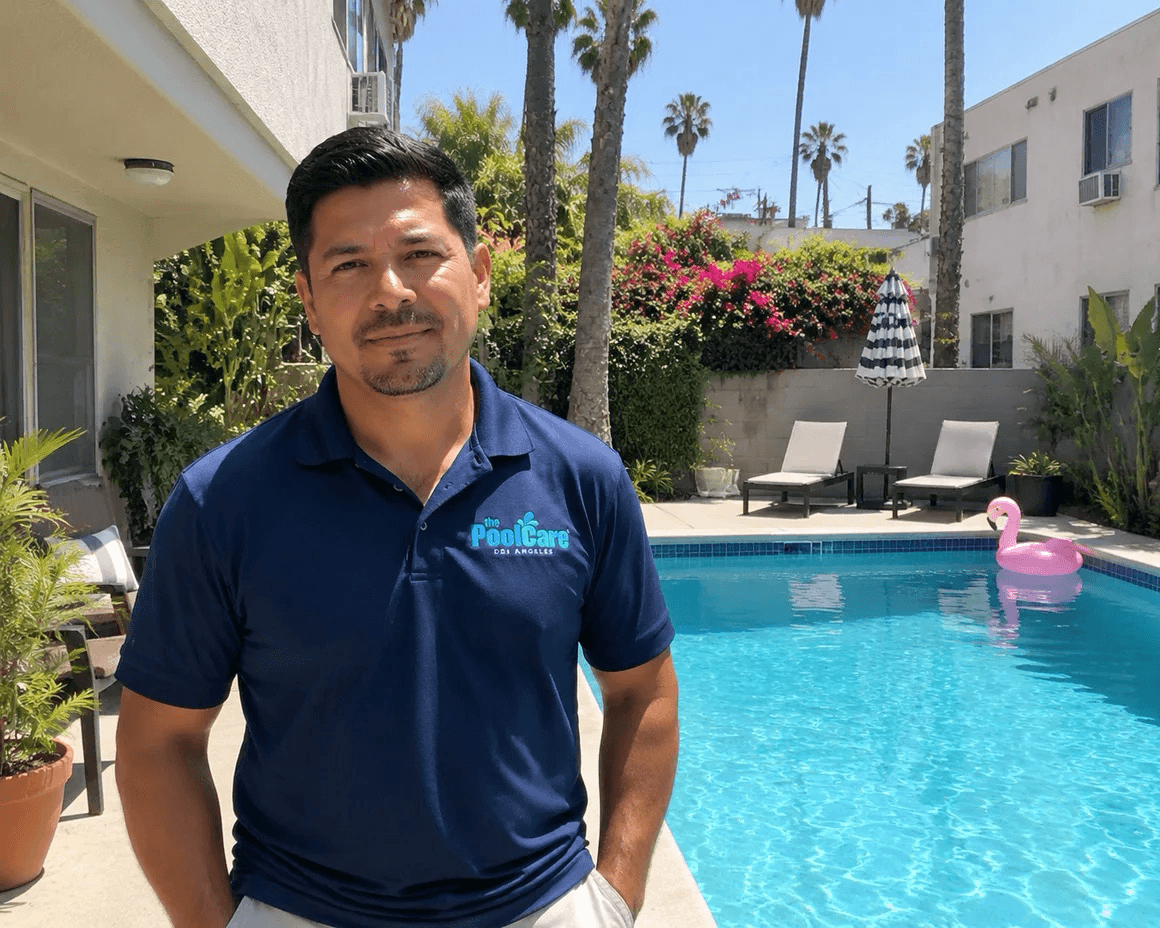The owner of Pool Care LA beside a West Hollywood backyard pool