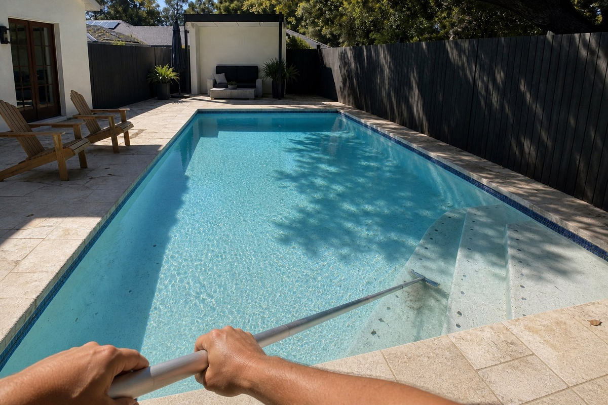 Hands holding a pool pole with a brush on the shaded steps of a backyard pool with small dark algae spots