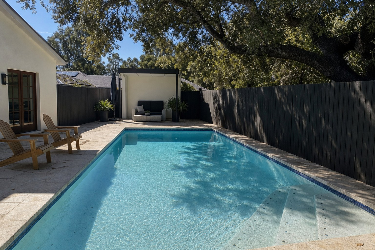 A backyard plaster pool in the Los Angeles foothills with an old oak shading the entry steps, where small dark spots show on the plaster