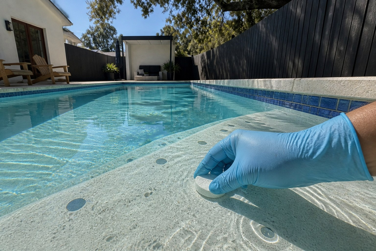 A gloved hand pressing a white chlorine tablet onto a dark algae spot on the plaster of a pool step