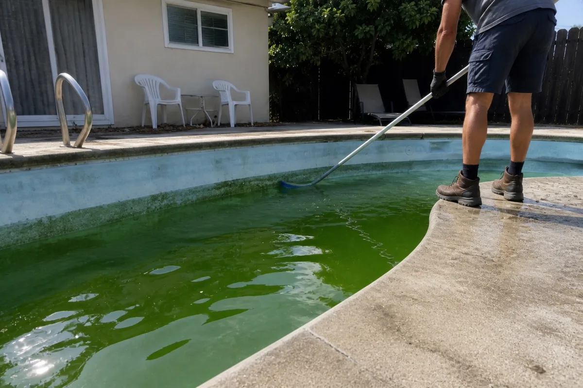 Pool technician brushing the algae-stained wall of a green backyard pool with a telescopic brush