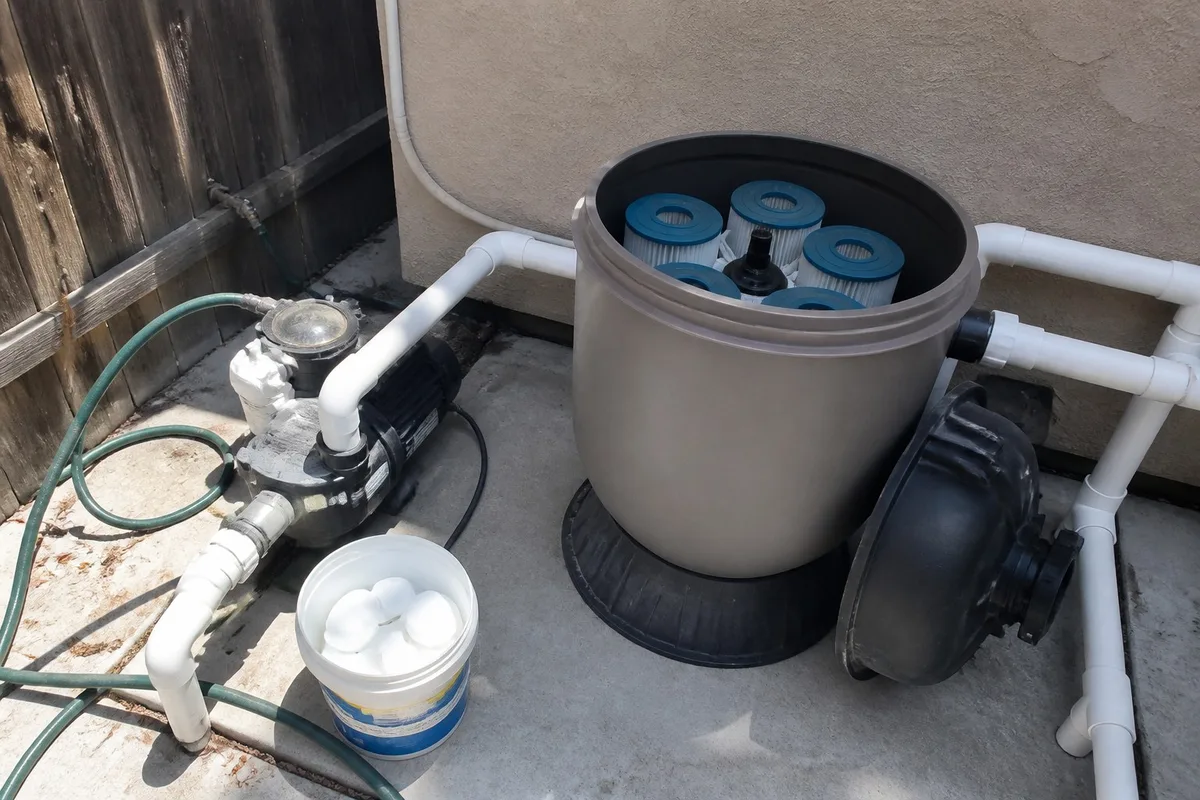 Pool equipment pad with pump, cartridge filter and heater after a green pool cleanup