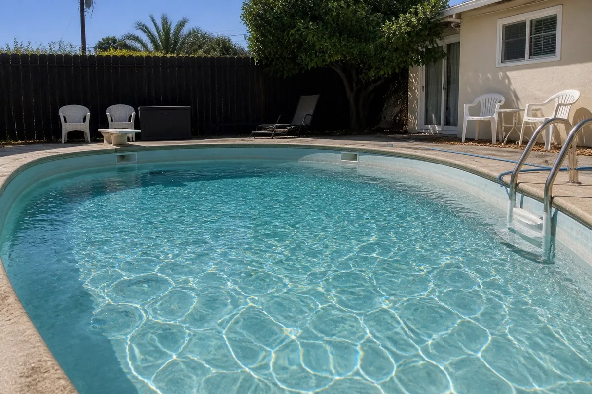 The same backyard pool a few days later with crystal-clear blue water and a vacuum hose on the deck