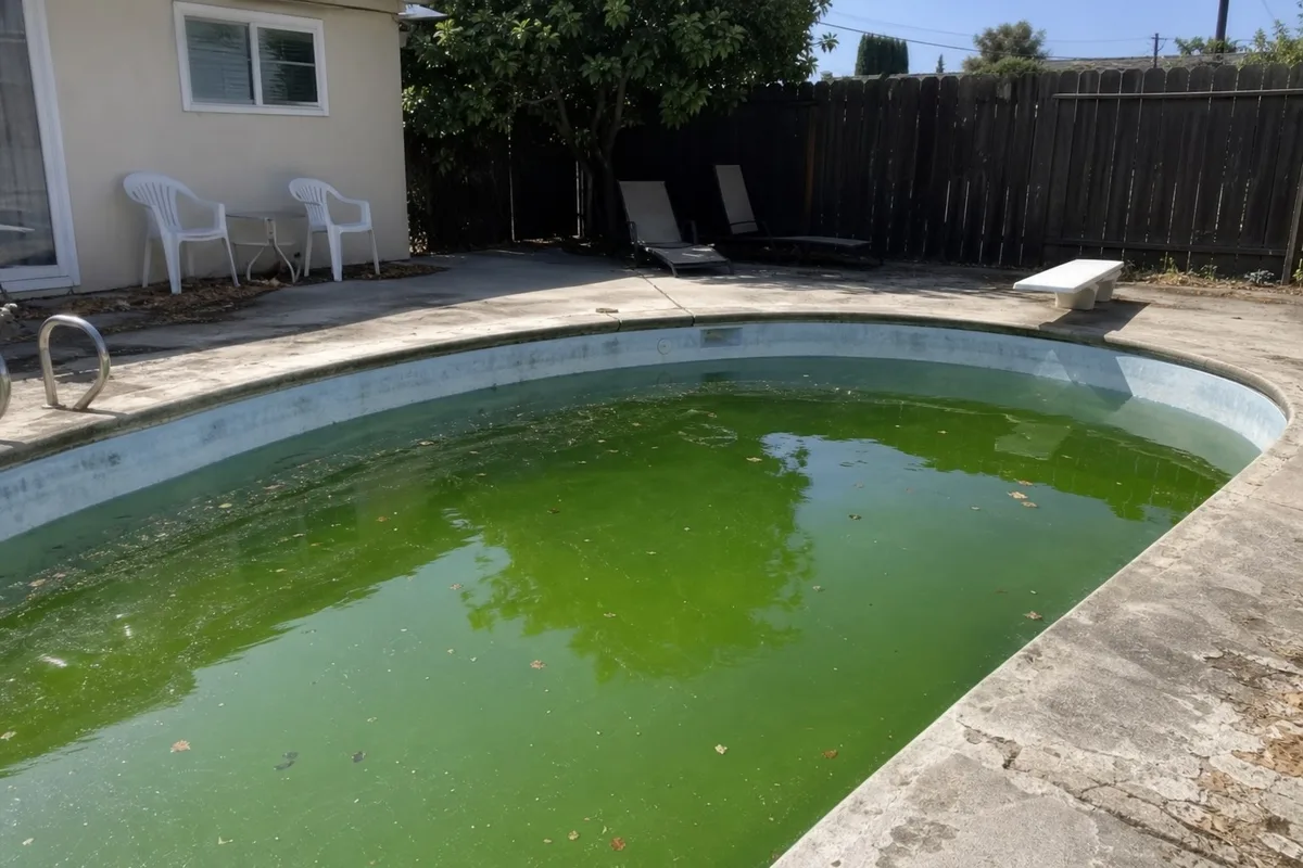 Green, murky backyard pool in Los Angeles with leaves on the surface before a green-to-clean treatment