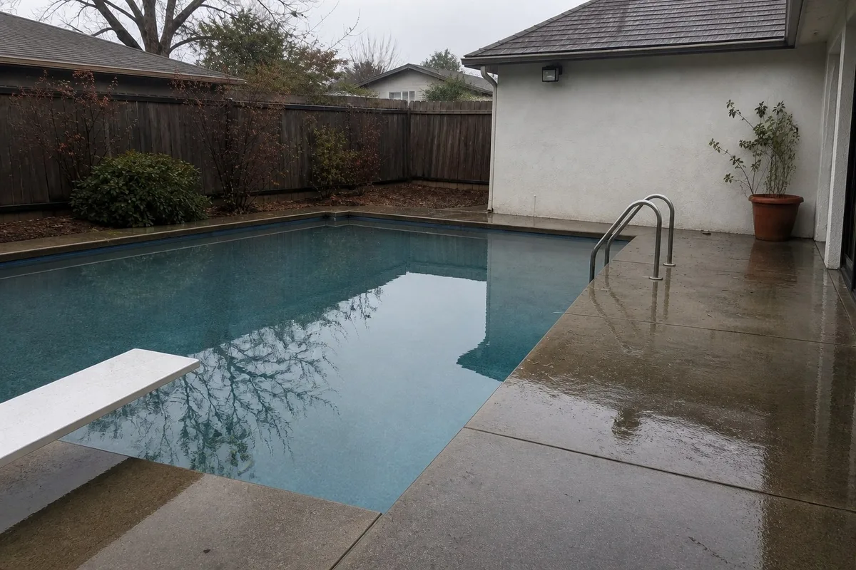 The same pool the next day with clear water under an overcast sky and the level back to normal