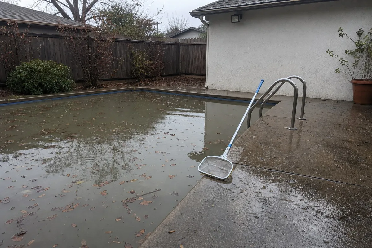 A Los Angeles backyard pool the morning after heavy rain, with cloudy water, floating leaves and the water level up to the coping