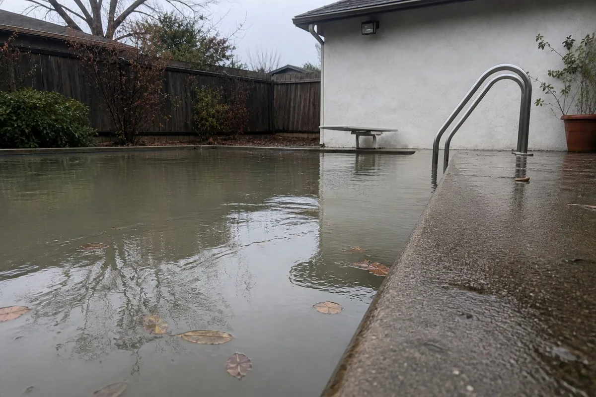 Pool water risen above the tile line to the top of the coping after heavy rain