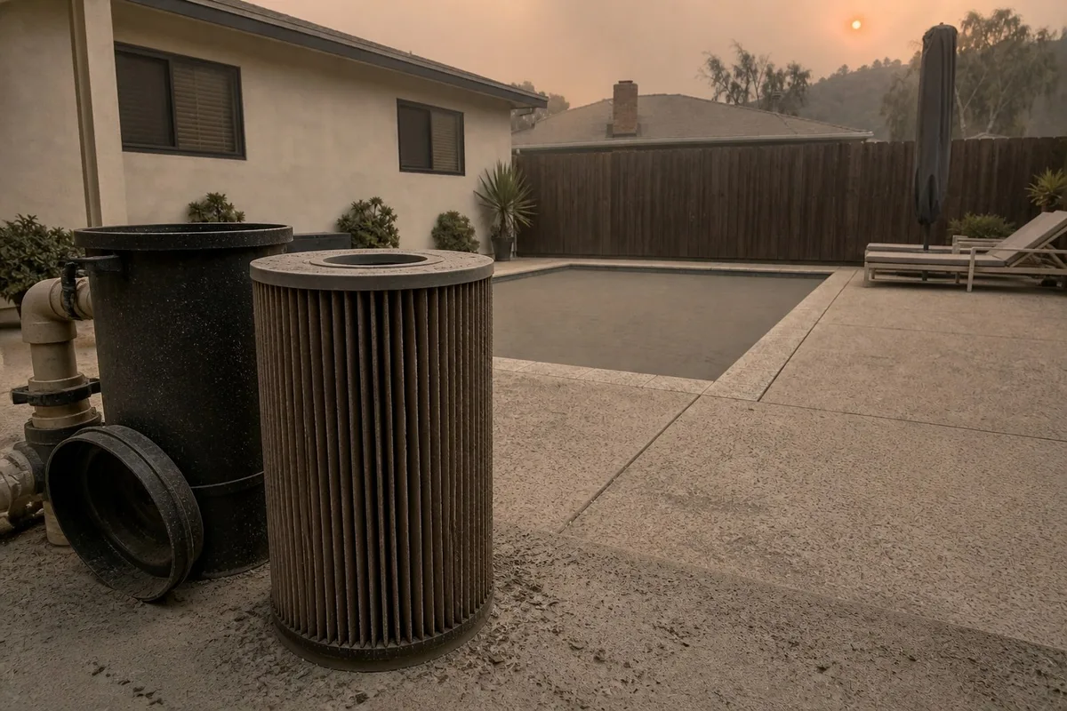 A pool filter cartridge clogged grey with fine wildfire ash, standing beside the open filter housing