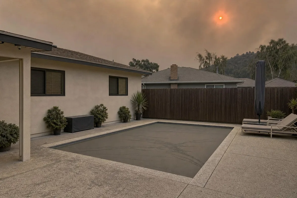 A Los Angeles backyard pool with its surface covered in a grey film of wildfire ash under a smoke-filled orange sky