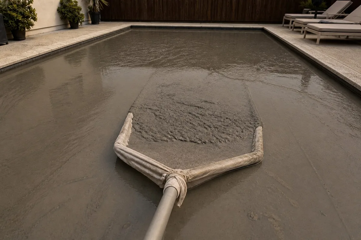 A pool net wrapped in a t-shirt lifting thick grey ash sludge off the water surface