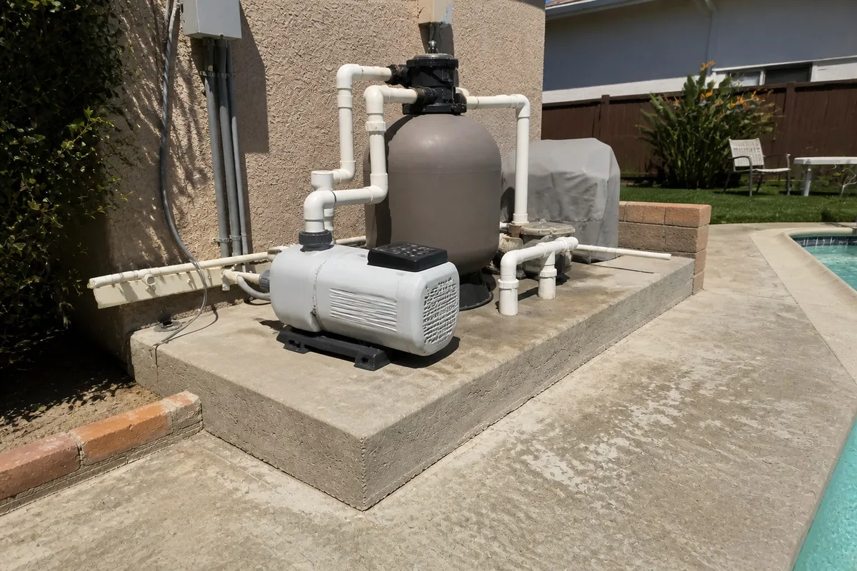 A new variable-speed pool pump installed on the same equipment pad, with a control panel on top and new PVC unions