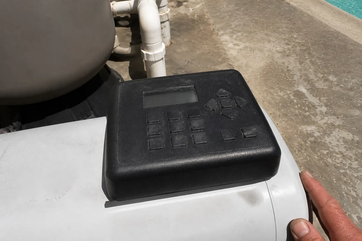 Close detail of the keypad on top of a new variable-speed pool pump
